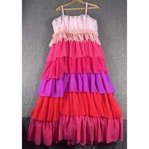Pink Lilly Women Tiered Tulle Ruffled Midi Maxi Dress Stretch Spaghetti Strap L